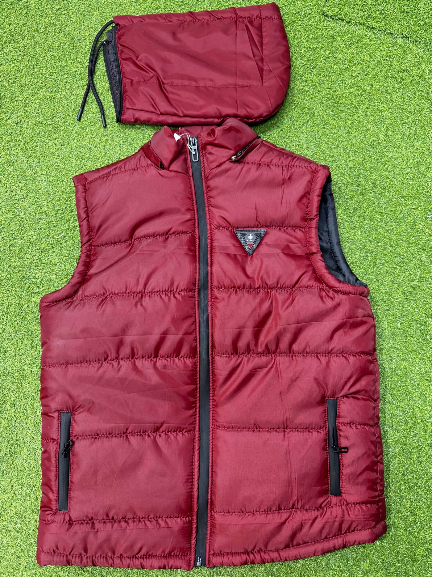 Warm Sleeveless Puffer Jacket with removeable Hoodie-Dark-red