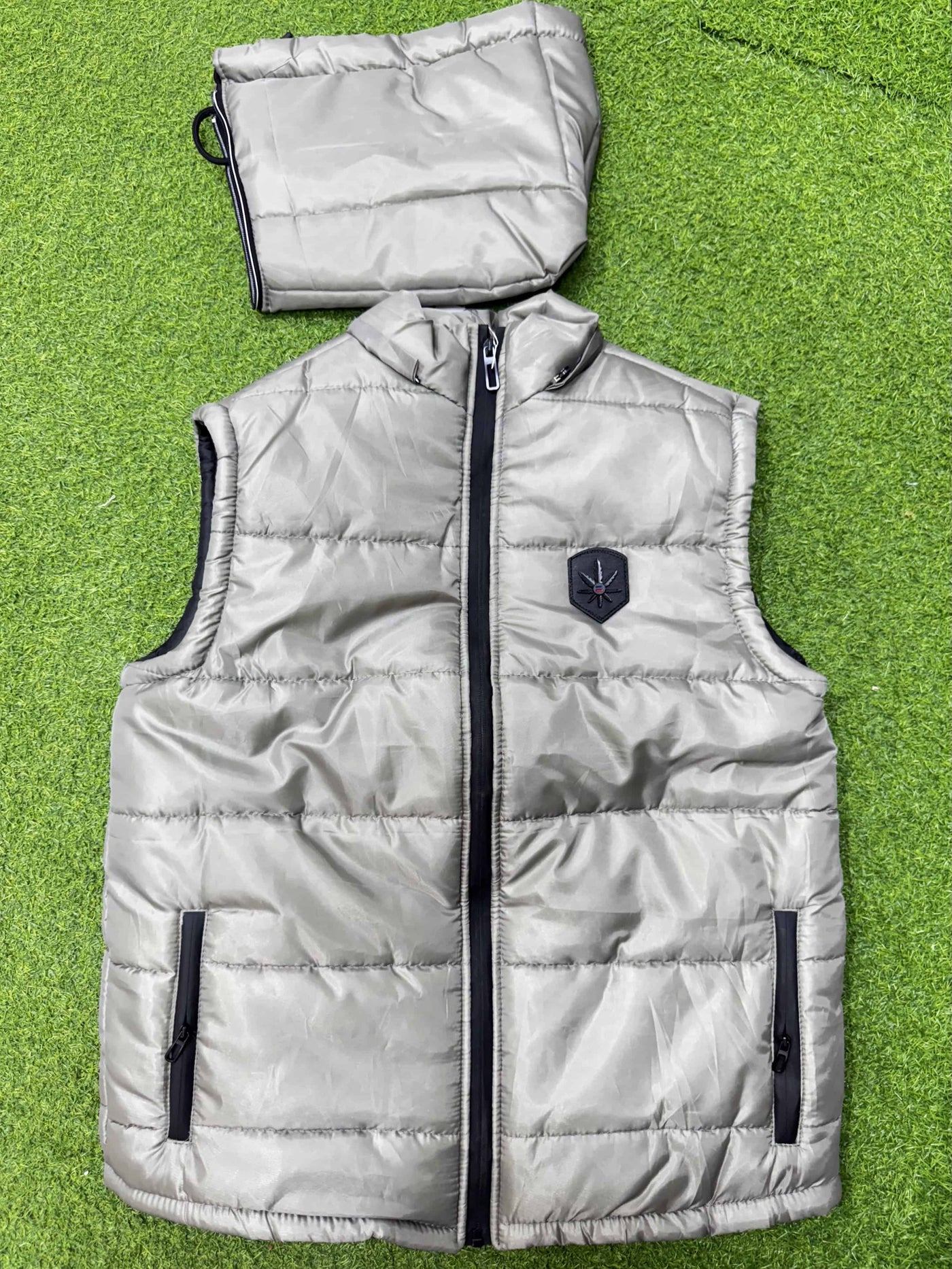 Warm Sleeveless Puffer Jacket with removeable Hoodie- Light-grey