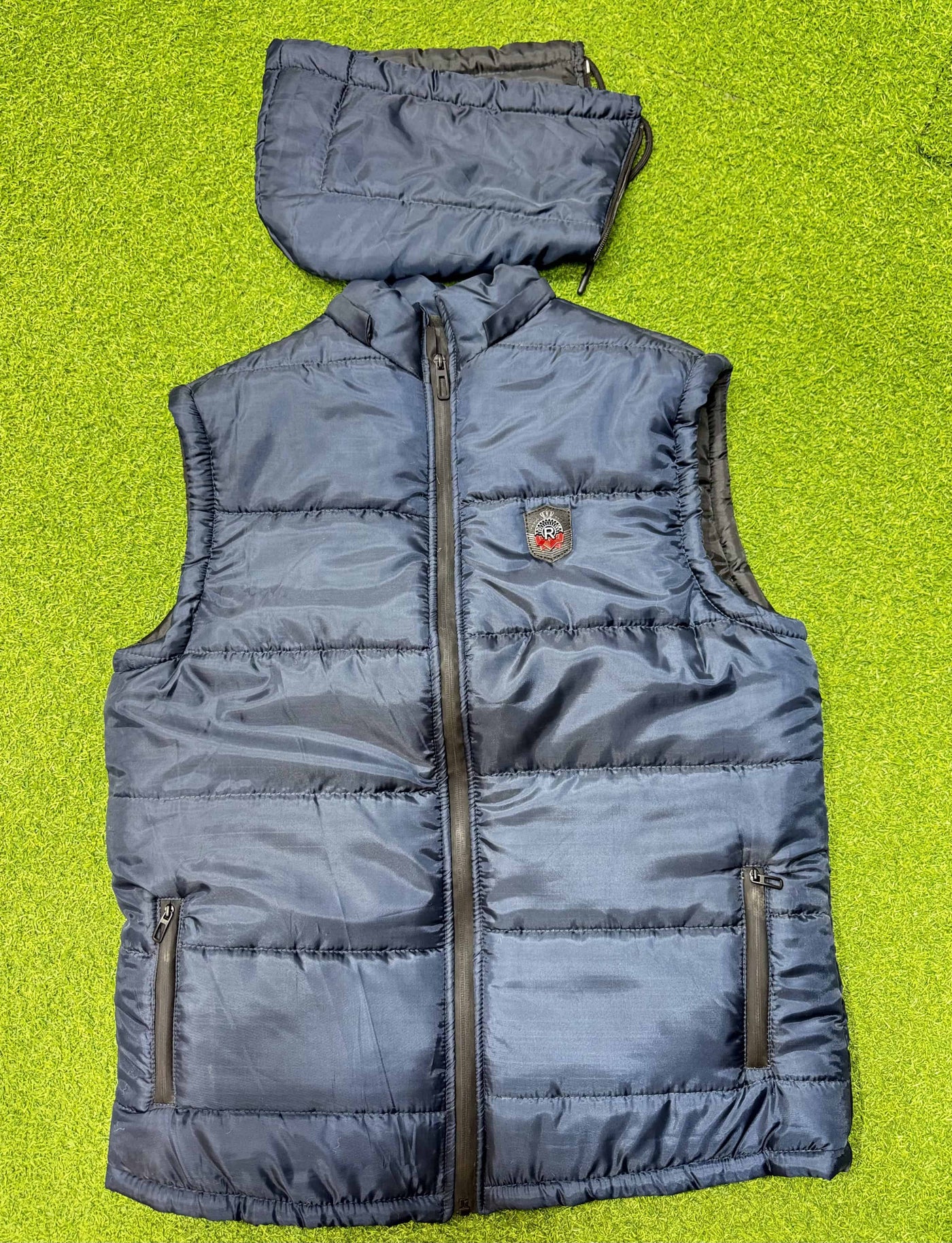 Warm Sleeveless Puffer Jacket with removeable Hoodie- Navy-blue