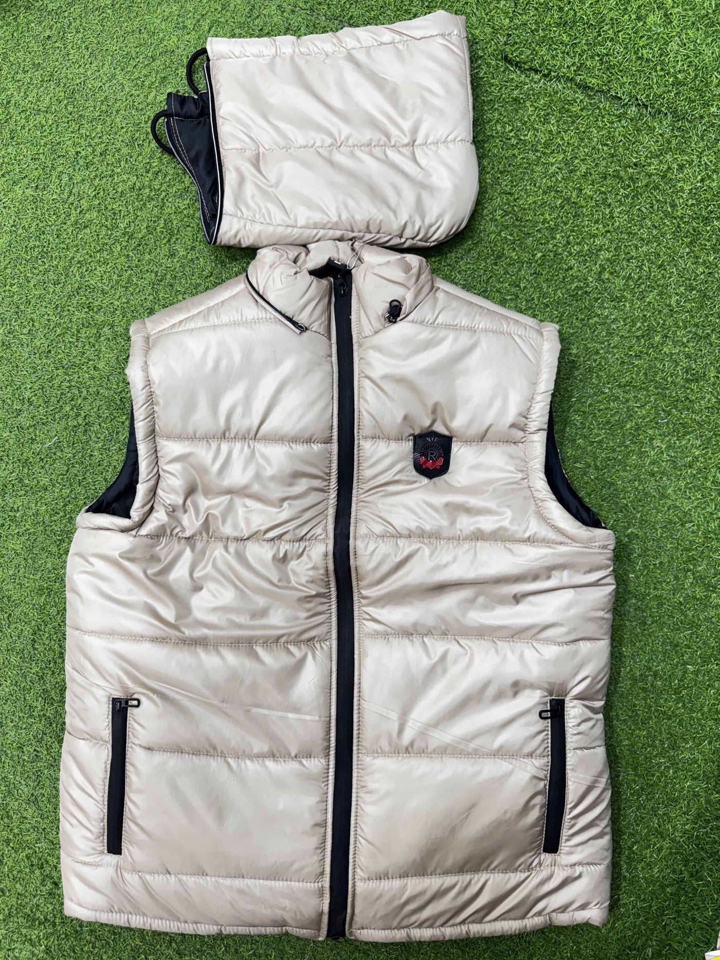 Warm Sleeveless Puffer Jacket with removeable Hoodie- Skin Color